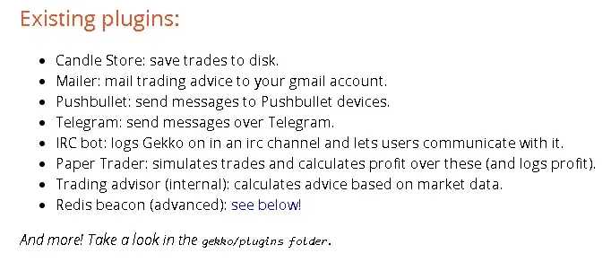 Available Gekko Plugins. Source: Gekko Documentation